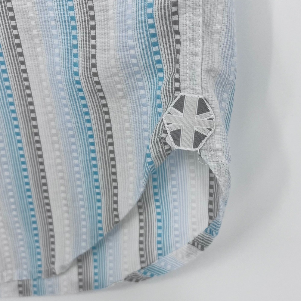 Austin Reed Button Down Shirt‎ Mens Medium Blue Grey White Striped Short Sleeve - Picture 3 of 9